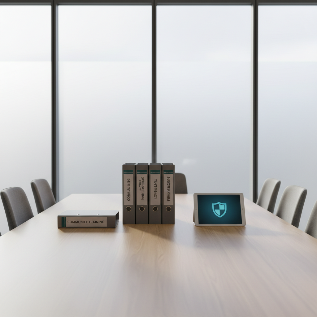 A minimalist conference table scene in a professional meeting room, featuring a smooth, light ash table with three evenly spaced, closed binders labeled “Community Training,” “Safeguarding Policy,” and “Support Pathways” in clean typography. Beside them rests a slim digital tablet displaying a softly glowing, abstract shield icon on a deep teal background. The chairs around the table are subtly visible, upholstered in calm grey fabric, against a backdrop of frosted glass panels. Soft, diffused daylight pours in from large windows, creating restrained reflections on the table surface and gentle linear shadows. Photographic realism with a structured, corporate aesthetic, captured from a slightly elevated, wide angle with balanced composition and clear depth. The atmosphere is focused and collaborative, evoking strategic planning sessions dedicated to children’s safety and adult responsibility.