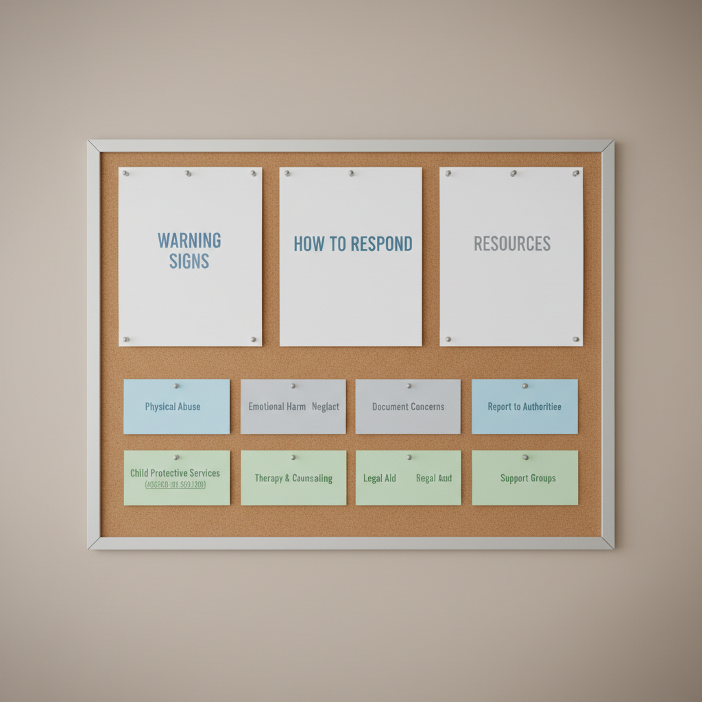 A close-up of a neatly arranged bulletin board mounted on a smooth, neutral-colored office wall, covered with structured, text-only materials related to child advocacy: printed checklists titled “Warning Signs,” “How to Respond,” and “Resources,” along with color-coded index cards pinned in balanced rows. Each note is crisply printed in modern sans-serif fonts, using muted blues and soft greys for headings. Thin metal pushpins hold everything in place with precise spacing. Soft, overhead office lighting creates even illumination with minimal glare, while a subtle vignette keeps focus on the center of the board. Photographic realism with a corporate aesthetic, shot straight-on with sharp focus and a careful grid-like composition, conveying organization, preparedness, and an educational, trauma-informed approach to protecting children.