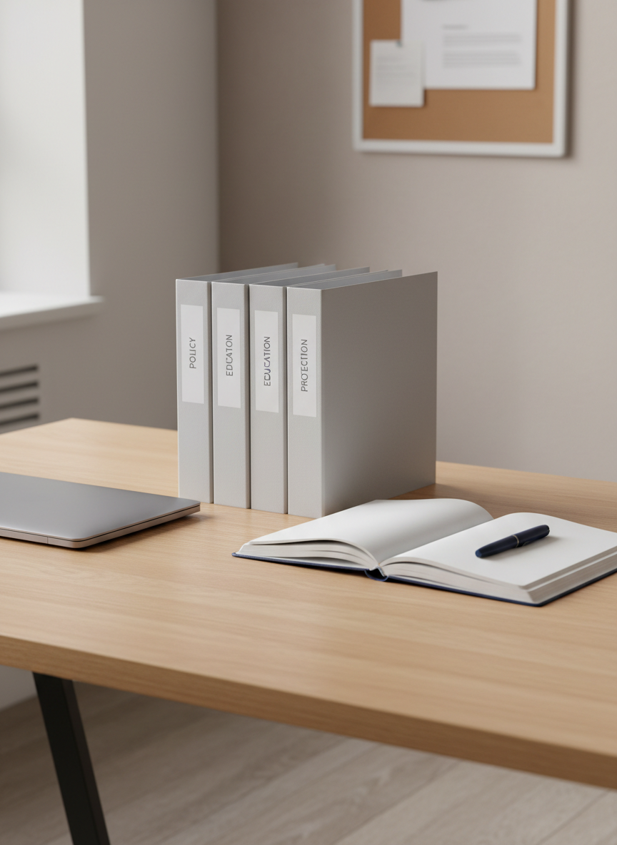 A neatly arranged, modern work desk featuring a closed silver laptop beside a stack of pale grey folders labeled “Policy,” “Education,” and “Protection” in understated typography. A clean, hardcover notebook lies open to a blank page, with a single navy-blue pen placed precisely along the spine. The desk surface is smooth light oak, set against a soft, out-of-focus background of a neutral-toned office wall with a simple corkboard displaying a few orderly, text-only notes. Soft daylight from an unseen window to the left casts gentle, even illumination, creating faint, controlled shadows. Photographic realism with a corporate, minimalist aesthetic, shot at eye level with a slight angle, balanced composition, and sharp focus throughout to convey professionalism, clarity, and thoughtful planning around child advocacy and safety.